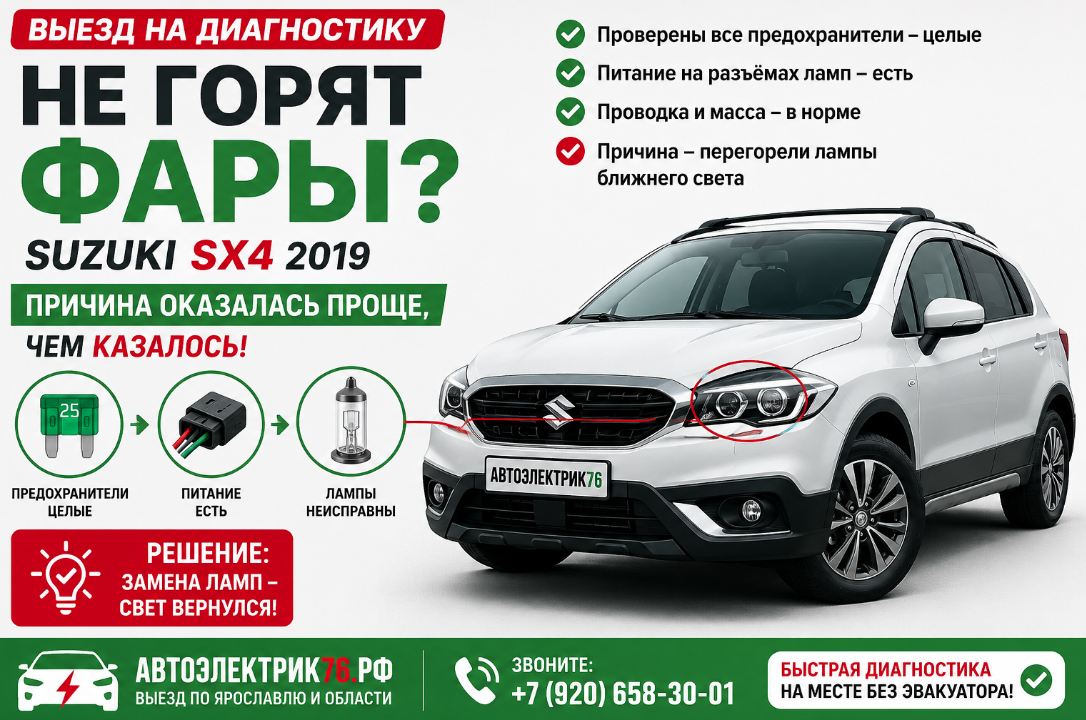 Не горел ближний свет на Suzuki SX4 2019 года: выездная диагностика и неожиданная причина неисправности